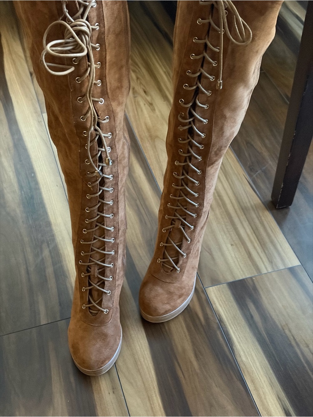Fashion Nova Tall Over the knee Lace-Up Suede Boots - Cognac Brown